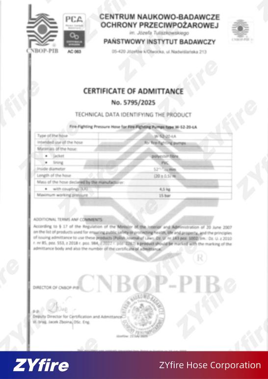 ZYfire Fire Hoses Earn Prestigious CNBOP Certification-A New Benchmark in Global Fire Safety Excellence